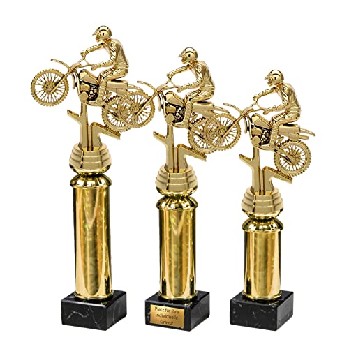 eberin · Motocross-Sports Pokale mit Gravur · Enduro · MX Events Trophäe · Motocrosser auf Goldsäule/Marmor schwarz · Pokal in 3 Größen erhältlich · (24,9 cm) von eberin