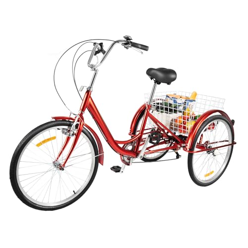 lalaleny 24 Zoll Dreirad für Erwachsene 3 Rad Fahrrad 6 Gang Seniorenrad Erwachsenendreirad mit Körb und Frontlicht Cityräder Dreirädriges Cruiser Cruise Bikes Tricycle für Outdoor Shopping (Rot) von lalaleny
