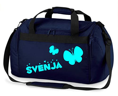 Kinder-Sporttasche mit Namen Bedruckt | Personalisierbar mit Motiv Schmetterling | Reisetasche Duffle Bag für Mädchen in Pink, Blau, Grün (Dunkelblau) von minimutz