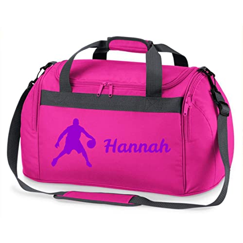 Sporttasche mit Namen Bedruckt für Kinder | Personalisierbar mit Motiv Basketball Spieler | Reisetasche Duffle Bag für Jungen Mädchen Sport (pink) von minimutz