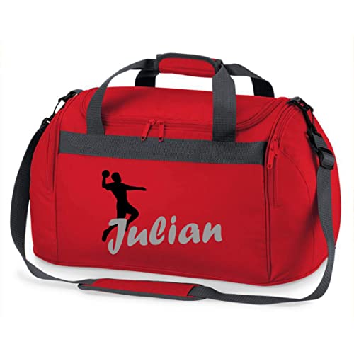 Sporttasche mit Namen Bedruckt für Kinder | Personalisierbar mit Motiv Handball | Reisetasche Duffle Bag für Mädchen und Jungen | Handballspieler Sport (rot) von minimutz