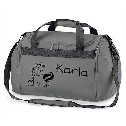 minimutz Sporttasche mit Namen für Mädchen | Motiv Einhorn für Kinder | Personalisieren & Bedrucken | Reisetasche Umhängetasche Duffle Bag (grau) von minimutz