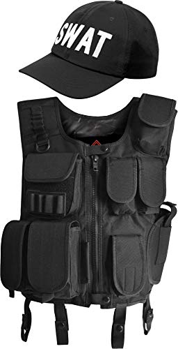 normani Taktische Einsatz Weste SWAT Patch mit Pistolenholster und SWAT Cap Tactical Vest Farbe Dunkelschwarz Größe 5XL von normani