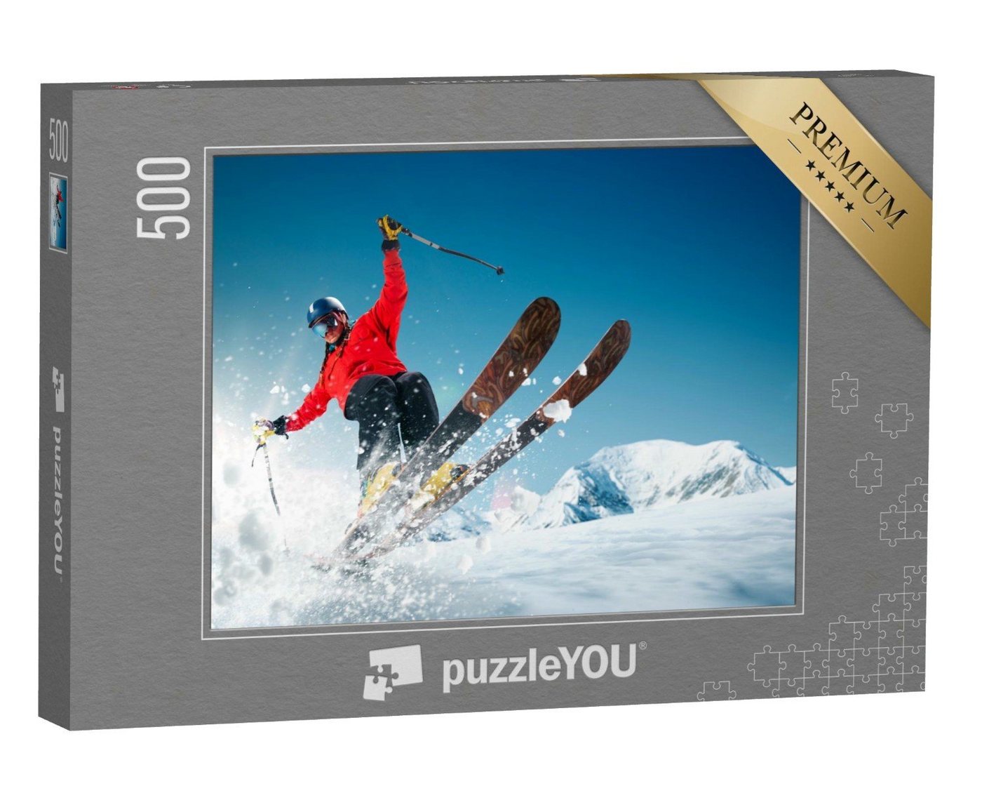 puzzleYOU Puzzle Blick von unten: Skifahrer beim Sprung, 500 Puzzleteile, puzzleYOU-Kollektionen Sport von puzzleYOU