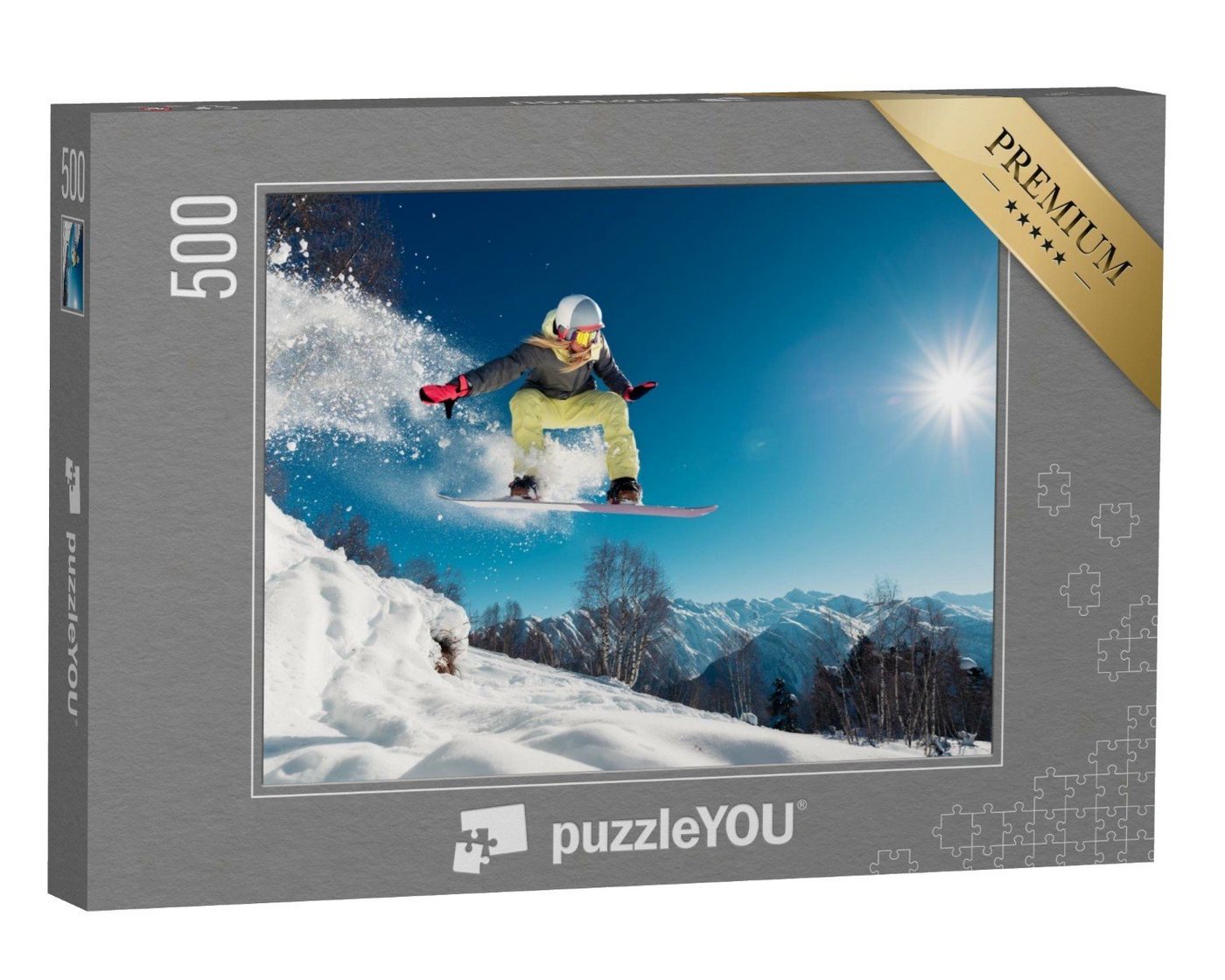 puzzleYOU Puzzle Snowboarderin beim Sprung, 500 Puzzleteile, puzzleYOU-Kollektionen Sport, Winter, Menschen, Himmel & Jahreszeiten von puzzleYOU
