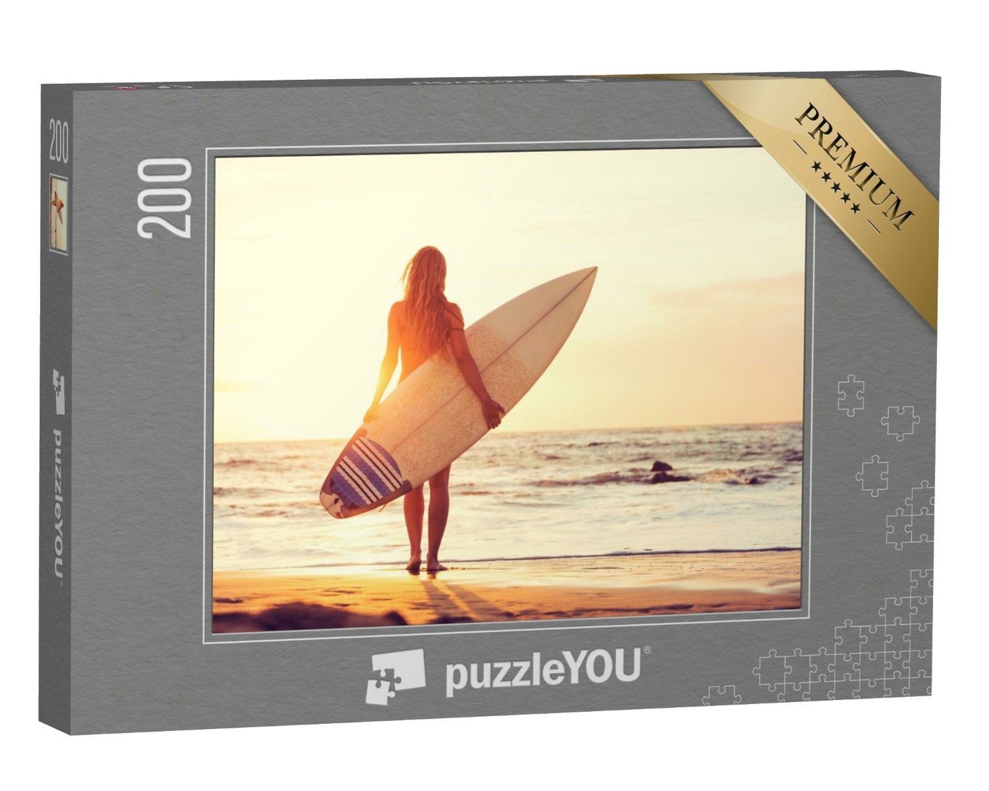 puzzleYOU Puzzle Surferin am Strand bei Sonnenuntergang, 200 Puzzleteile, puzzleYOU-Kollektionen Sport, Surfen, Menschen von puzzleYOU