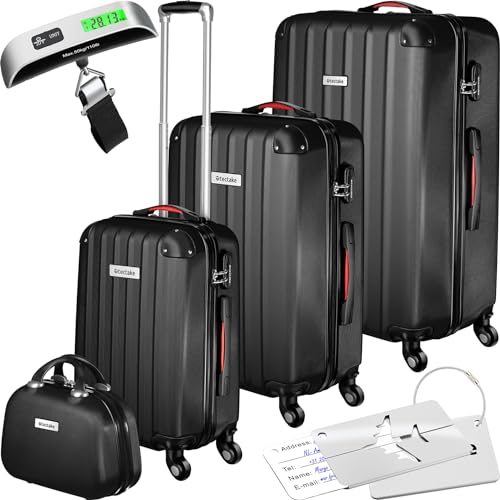 tectake® 4-teiliges Reisekoffer Kofferset inkl. Kofferwage und Gepäckanhänger, 360° Rollen, Hartschalenkoffer mit Zahlenschloss, Koffer groß, ineinander stapelbar, Trolley Handgepäck - schwarz von tectake