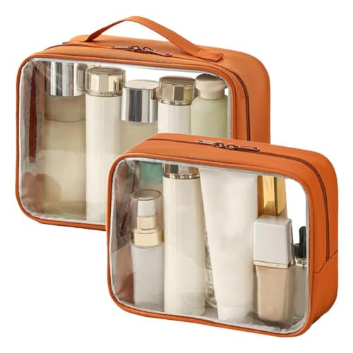 Durchsichtige Kulturtasche, Wasserabweisende PVC-Make-Up-Tasche mit Reißverschlüssen, Durchsichtige Kulturtasche für Frauen, Transparent und Orange von vdha