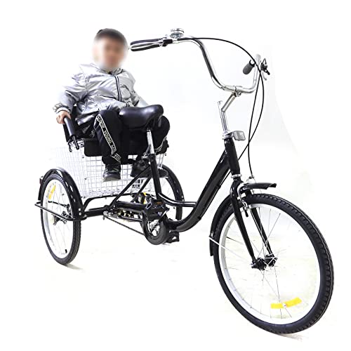 wanwanper Dreirad für Erwachsene, 20 Zoll Tricycle, Single-Speed 3 Wheel Bike 18T Flywheel mit Einkaufskorb und Kindersitz, 3 Räder Fahrrad Erwachsene, Schwarz von wanwanper