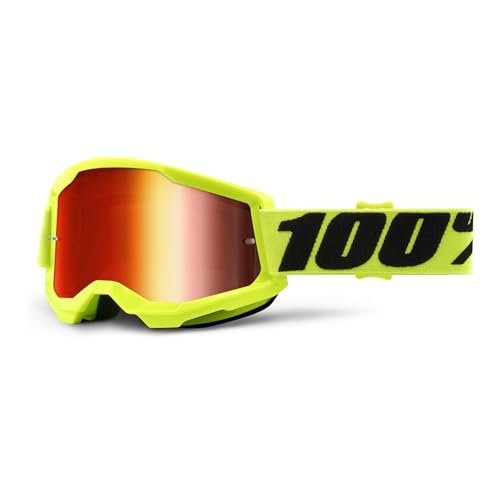 100% Strata 2 Motocross- und Mountainbike-Schutzbrille – MX und MTB Racing Schutzbrille (Fluo/Gelb, verspiegelte rote Gläser) von 100%