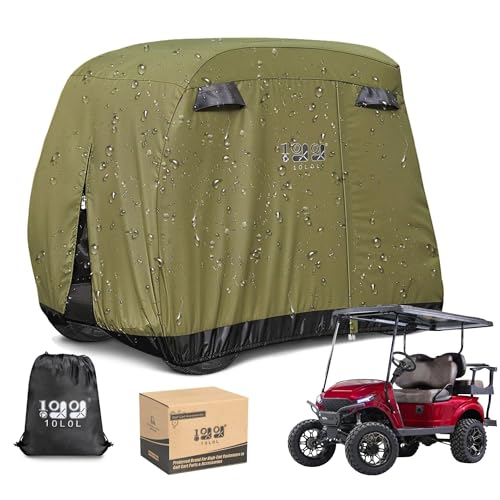 10L0L Golfwagen-Abdeckung für 4 Passagiere, passend für Yamaha/EZGO/Club Car, 400D wasserdicht, strapazierfähiges Polyester-Gehäuse mit 3 Reißverschluss-Türen, Winddicht, sonnenfest, Armeegrün 10L0L Golfwagen-Abdeckung für 4 Passagiere, passend für Yamaha/EZGO/Club Car, 400D wasserdicht, strapazierfähiges Polyester-Gehäuse mit 3 Reißverschluss-Türen, Winddicht, sonnenfest, Armeegrün von 10L0L