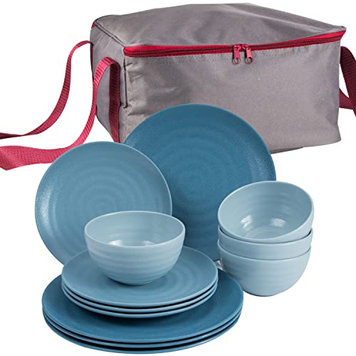 Camping Geschirr Set aus Melamin Blau 13 Teile mit Aufbewahrungstasche - 4 Personen Essgeschirr Campinggeschirr Picknick für Camping Teller Schüssel Schale Tafelgeschirr mit Reißverschluß Tasche von #11