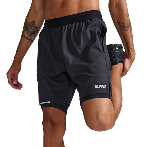 2XU Herren Aero 2-in-1 7" Shorts, Schwarz/Silber reflektierend, XS von 2XU