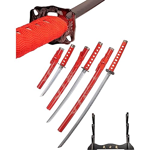 Roter Drache Schwert Set - Katana Schwert Echt Metall Wakizashi, Tanto - Samurai Schwert aus Stahl - Samurai Schwerter als Anime Deko - Japanisches Sword mit Schwertständer HK1109 von 57 SPECIAL REPLICAS