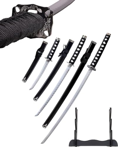Schwarzes Schwert Set - Katana Schwert Echt Metall Wakizashi, Tanto - Samurai Schwert aus Stahl - Samurai Schwerter als Anime Deko - Japanisches Sword mit Schwertständer HK1104 von 57 SPECIAL REPLICAS