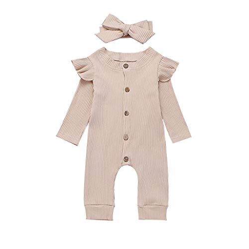 95sCloud Neugeborenes Baby Romper Strickanzug Mädchen Jungen Kleinkind Overall Strampler Langarm Stricken Herbst Winter Jumpsuit Mit Headband Kleidung Pullover Schneeanzüge Outfits (Beige, 3-6 M) von 95sCloud