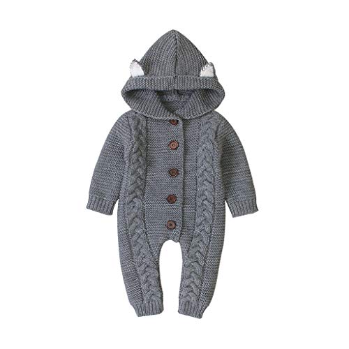 Baby Strickoverall mit Ohr Kapuze und Schaltflächen, Neugeborenes Baby-Jungen-Winter-Warmer Gestrickte Overall Strampler Mantel Schneeanzug Sweatshirt Bodysuit Jumpsuit Hooded Sweater (Grau, 0-6 M) von 95sCloud