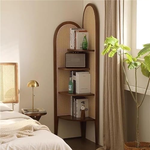 AAADRESSES Eck BüCherregal Mit 4 Ebenen, BüCherregal Aus Rattan Und Massivholz, Freistehendes Lagerregal, Dreieckiges Rattanregal, FüR Wohnzimmer, Home Office, Kleine RäUme,Walnut von AAADRESSES