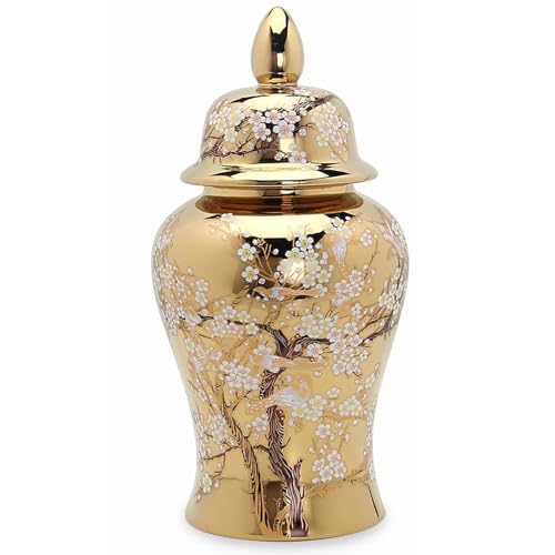 AAADRESSES Ingwer Dose, Keramik Deko Dosen Im Chinoiserie Stil, Blumenvase Aus Porzellan, GläNzende Vase, Tempelvase Mit Deckel, FüR Wohnzimmer BüCherregal Kaminsims TafelaufsäTze,Gold,24 * 24 * 50cm von AAADRESSES