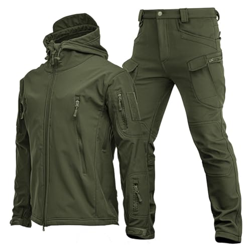 AAADRESSES Softshelljacke FüR Herren, Taktische Jacke Und Hose, MilitäRische Tarn Jagduniform, wasserdichte Armee Kampfanzug Sets, Warme Winter Skijacke Mit Kapuze, Zum Wandern,Army Green,XL von AAADRESSES