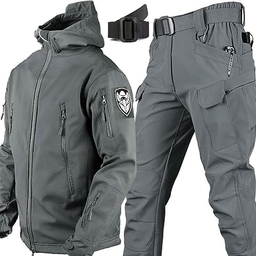 AAADRESSES Softshelljacke FüR Herren, Taktische Jacke Und Hose Im Set, Warme Skijacke Mit Kapuze FüR Den Winter, MilitäRische Kampfanzug Sets, Zum Skifahren, Wandern,Grau,Size: XXL von AAADRESSES