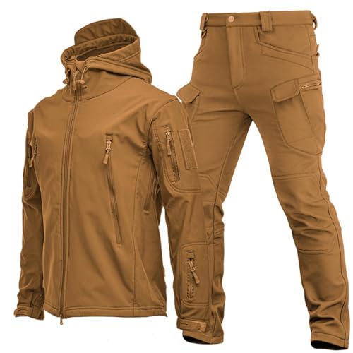 AAADRESSES Taktische Uniformen Softshelljacke FüR Herren wasserdichte MilitäR Kampfanzug Sets Jagdbekleidung Hosen Wasserdicht Leicht Outdoor ReißVerschluss Kapuzenpullover,Khaki,M von AAADRESSES