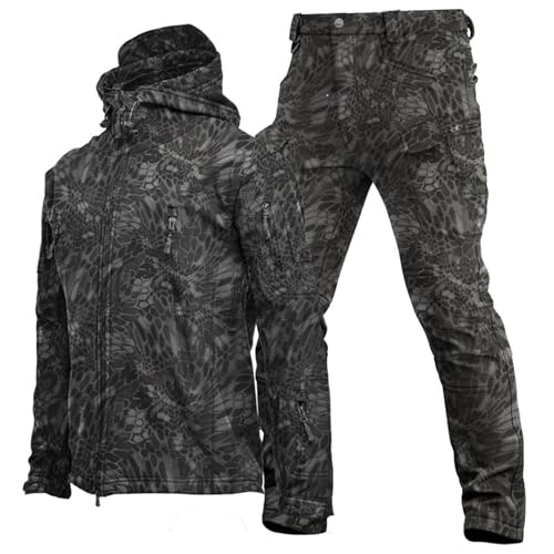 AAADRESSES wasserdichte Softshelljacke FüR Herren, Taktischer Anzug, Set Aus Taktischer Jacke Und Kampfhose FüR Herren, Camouflage Waldjagd MilitäRuniform, Leicht, Zum Wandern,Black 2,3XL von AAADRESSES