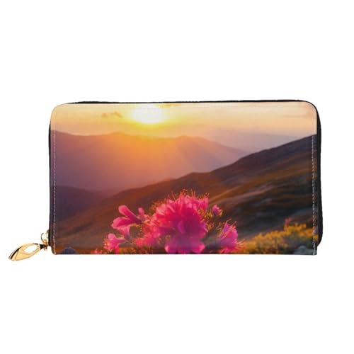 AABSTBFM Geldbörse aus Leder mit Sonnenuntergang und Bergblumen, bedruckt, für Damen und Herren, Reißverschluss, Clutch, lange Geldbörse, Kartenhalter, Schwarz , Einheitsgröße, Modern von AABSTBFM