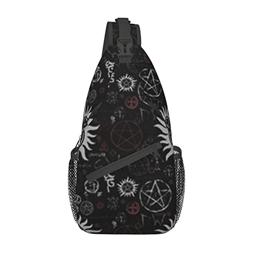 Herren-Schultertasche, Blaugrün, Achat, bedruckt, Crossbodyrucksack, Wandern, Sport, Brusttasche für Damen und Herren, Supernatural Symbole schwarz, Einheitsgröße, Wanderrucksack von AABSTBFM