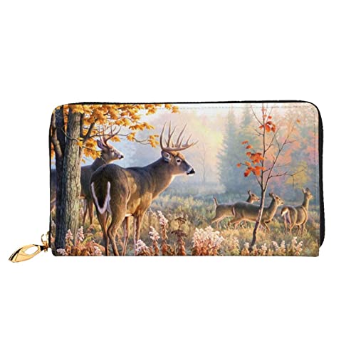 Schwarze und weiße Rosen bedruckte Ledergeldbörse für Damen und Herren mit Reißverschluss, Clutch-Tasche, lange Geldbörse, Kreditkartenhalter, Hirsch-Wildtierkunst, Einheitsgröße von AABSTBFM