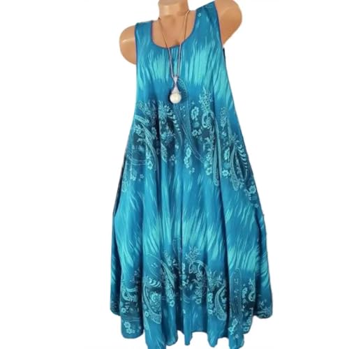 AAIXXIZAO Hübsche Kleider Dress Damen Elegante Blumen Bedruckte Spitze Mit O-Ausschnitt Ärmel Los Frauen Lose Tank Kleid 5XL Light Blue von AAIXXIZAO