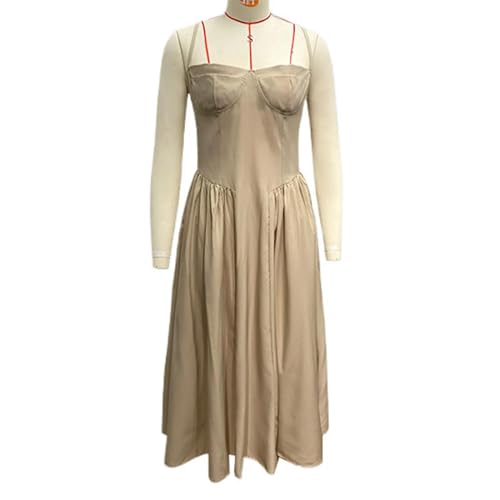 AAIXXIZAO Hübsche Kleider Dress Damen Elegante Frauen Solid Sling Lang Plissiertes Kleid Schick Ärmellose Rücken Freie Party Club Date Abend Roben L Khaki von AAIXXIZAO