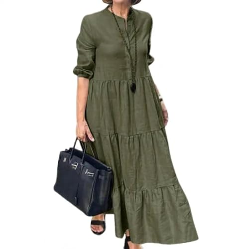 AAIXXIZAO Hübsche Kleider Dress Damen Elegantes Solides Kleid Frauen Lässig Lange Ärmel Maxi Weiblich O Hals XXL ArmyGreen von AAIXXIZAO