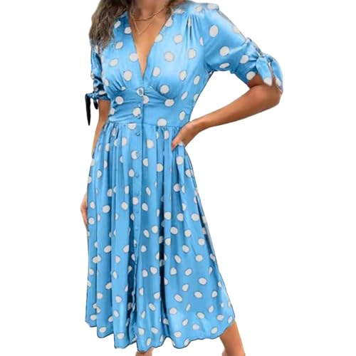 AAIXXIZAO Hübsche Kleider Dress Damen Frauen Blumen Druck Boho Party Kleid Mit V-Ausschnitt Kurzarm Mini L Lakeblau von AAIXXIZAO