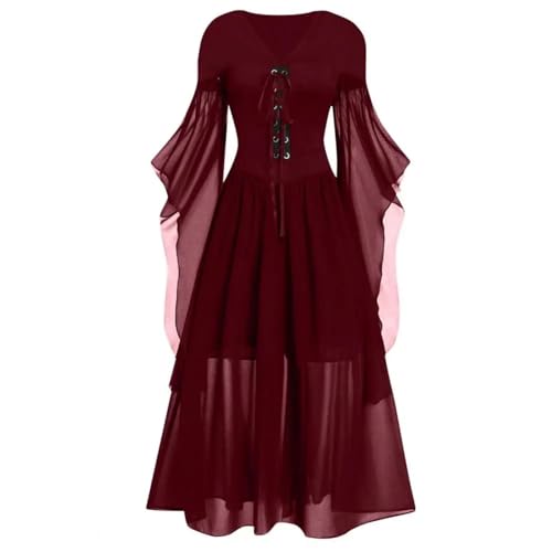 AAIXXIZAO Hübsche Kleider Dress Damen Kleid Party Kostüm Schnürung V-Ausschnitt Mit Langen Ärmeln Kleid 3XL Rot von AAIXXIZAO