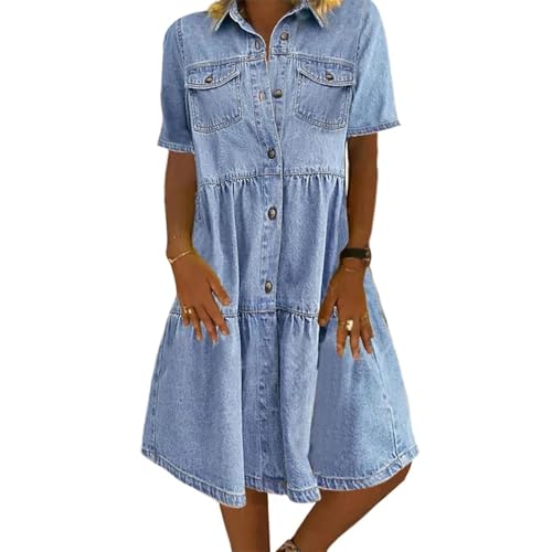 AAIXXIZAO Hübsche Kleider Dress Damen Kleider In Großer Größe Langarm Umlege Kragen Kleid Freizeit Kleidung M Light Blue von AAIXXIZAO