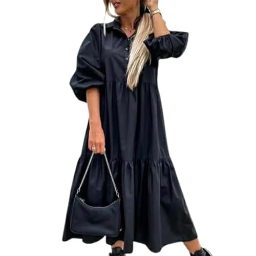 AAIXXIZAO Hübsche Kleider Dress Damen Lässiges Damen Hemd Kleid Einfarbig Große Baumwoll Mischung Halbe Ärmel Umdrehung Kragen Streetwear M Schwarz von AAIXXIZAO