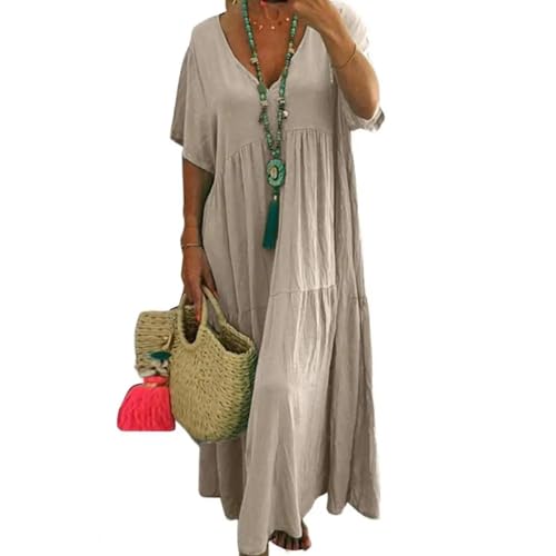 AAIXXIZAO Hübsche Kleider Dress Damen Lässiges Oneck Ärmelloses Langes Kleid Für Frauen Mode Boho Blumen Druck Lose Kleider Frau Strand Kleid 4XL Khaki von AAIXXIZAO