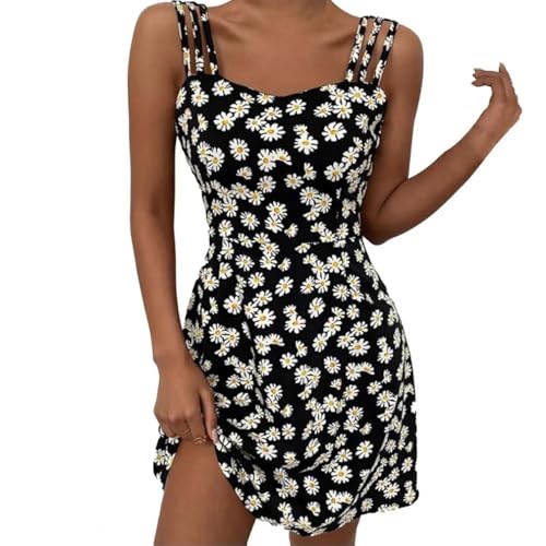 AAIXXIZAO Hübsche Kleider Dress Damen Mini Kleider Vintage Floral Boho Strand Kleid Sexy Ärmelloses Sling A Line Loose Kleid 3XL Schwarz von AAIXXIZAO