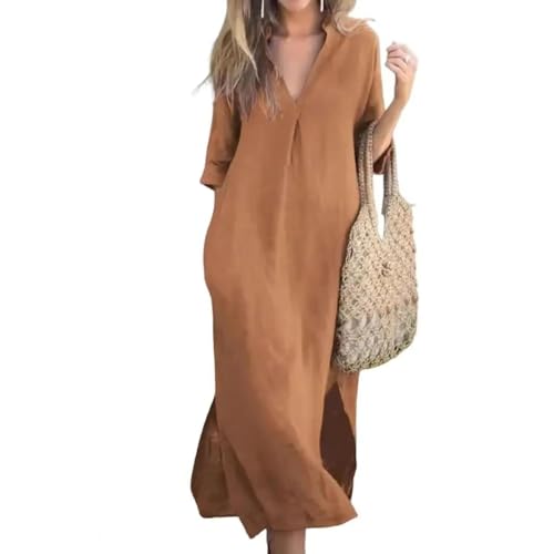 AAIXXIZAO Hübsche Kleider Dress Damen Mode V-Ausschnitt Ärmel Damen Kleid Vintage Baumwolle Leinen Einfarbig Freizeit Tasche Elegantes Weibliches Kleid 3XL Khaki von AAIXXIZAO