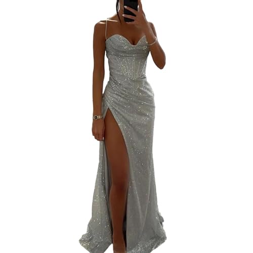 AAIXXIZAO Hübsche Kleider Dress Damen Schulter Freies Kleid Kleid Mit Pailletten V-Ausschnitt Maxi Kleid Für Abend Party Schulter Frei Schlankes Sexy Langes Kleid M Silber von AAIXXIZAO