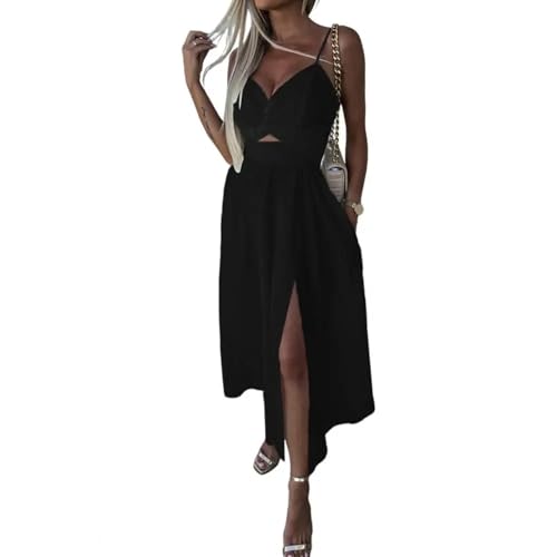 AAIXXIZAO Hübsche Kleider Dress Damen Strap Hollow Out Langes Kleid Damen Elegant Schulter Frei Ärmel Los Rücken Frei Maxi Robe Chic Lady Abend Party XL Schwarz von AAIXXIZAO