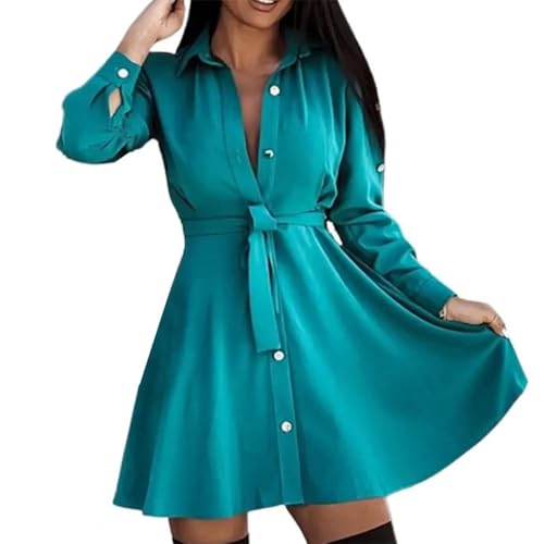 AAIXXIZAO Hübsche Kleider Dress Damen Umklack Kragen Lang Ärmel Iges Damen Kleid Gürtel Taille Eng Schlank Einfarbig Einreihiges Hemd Kleid Damen Bekleidung M Grün von AAIXXIZAO