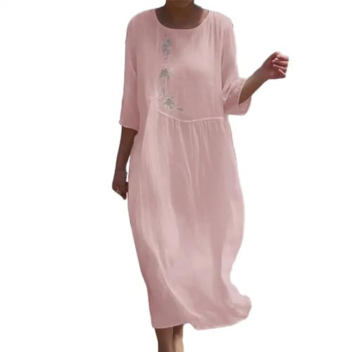 AAIXXIZAO Hübsche Kleider Dress Damen Vintage Frauen Kleid Blumen Stickerei Strand Kleid Damen Kurzarm O-Ausschnitt Baumwolle Und Leinen Boho Kleider XL Pink von AAIXXIZAO