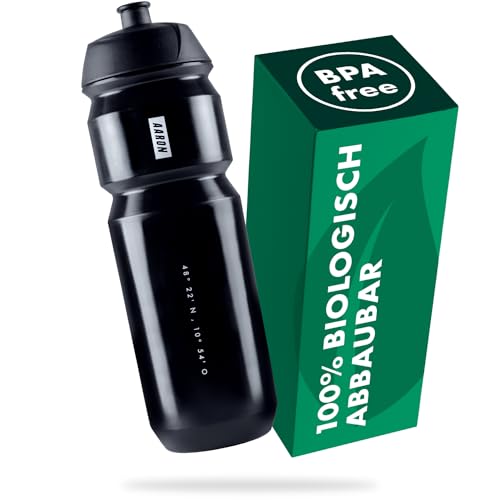 AARON ECO Trinkflasche 100% biologisch abbaubar, 750 ml, leicht und auslaufsicher, praktische BPA-freie Wasserflasche für Sport, Fitness, Wandern, Outdoor in schwarz von AARON