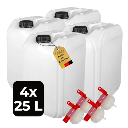 ABACUS® 4X 25 Liter Wasserkanister Natur | Chemiekanister | Auslaufhahn und Deckel (DIN 61) | Lebensmittelecht | Indoor und Outdoor | BPA Frei | Säurefest | Mit Skala zum Ablesen des Füllstands von ABACUS