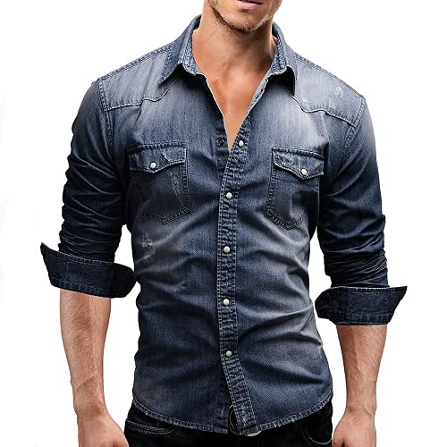 ABUCIYO Herbst Men Denim Shirt Herren Langarm Weiche Baumwolle Slim Jeans Hemden Cowboy-Hemd (Dark Blue,Large) von ABUCIYO