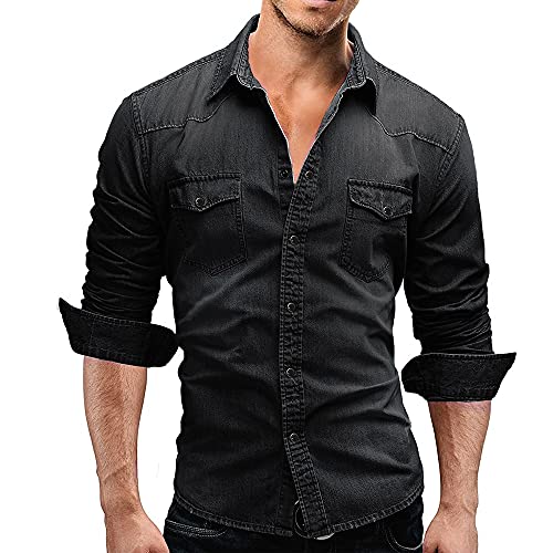 ABUCIYO Herbst Men Denim Shirt Herren Langarm Weiche Baumwolle Slim Jeans Hemden Cowboy-Hemd (Dark Grey,Large) von ABUCIYO