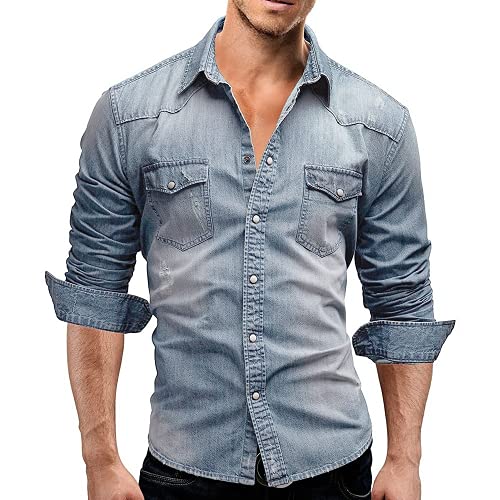 ABUCIYO Herbst Men Denim Shirt Herren Langarm Weiche Baumwolle Slim Jeans Hemden Cowboy-Hemd (Light Blue,Medium) von ABUCIYO