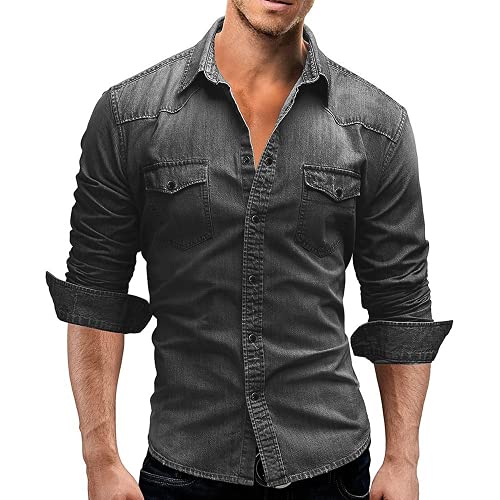 ABUCIYO Herbst Men Denim Shirt Herren Langarm Weiche Baumwolle Slim Jeans Hemden Cowboy-Hemd (Light Grey,Medium) von ABUCIYO